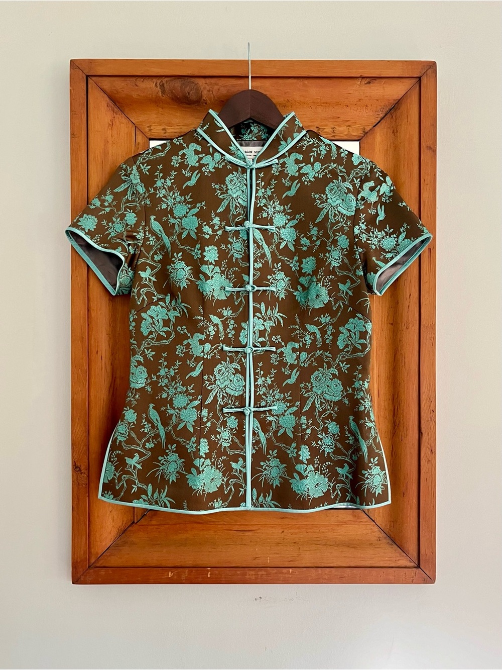 Y2K Vintage Brown Floral Mandarin Collar Top with Teal Peacock Accents